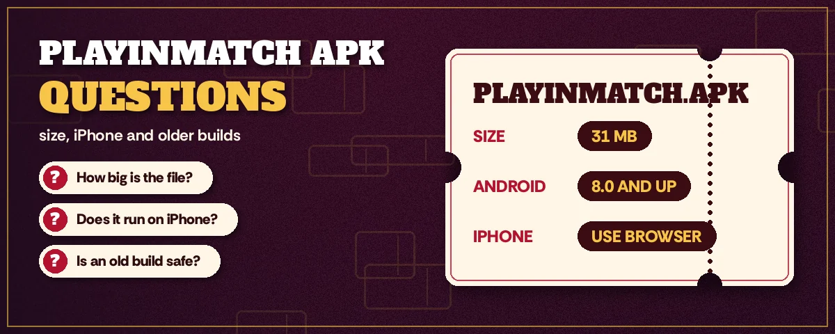 Banner of common PlayinMatch APK questions about size, iPhone and old builds