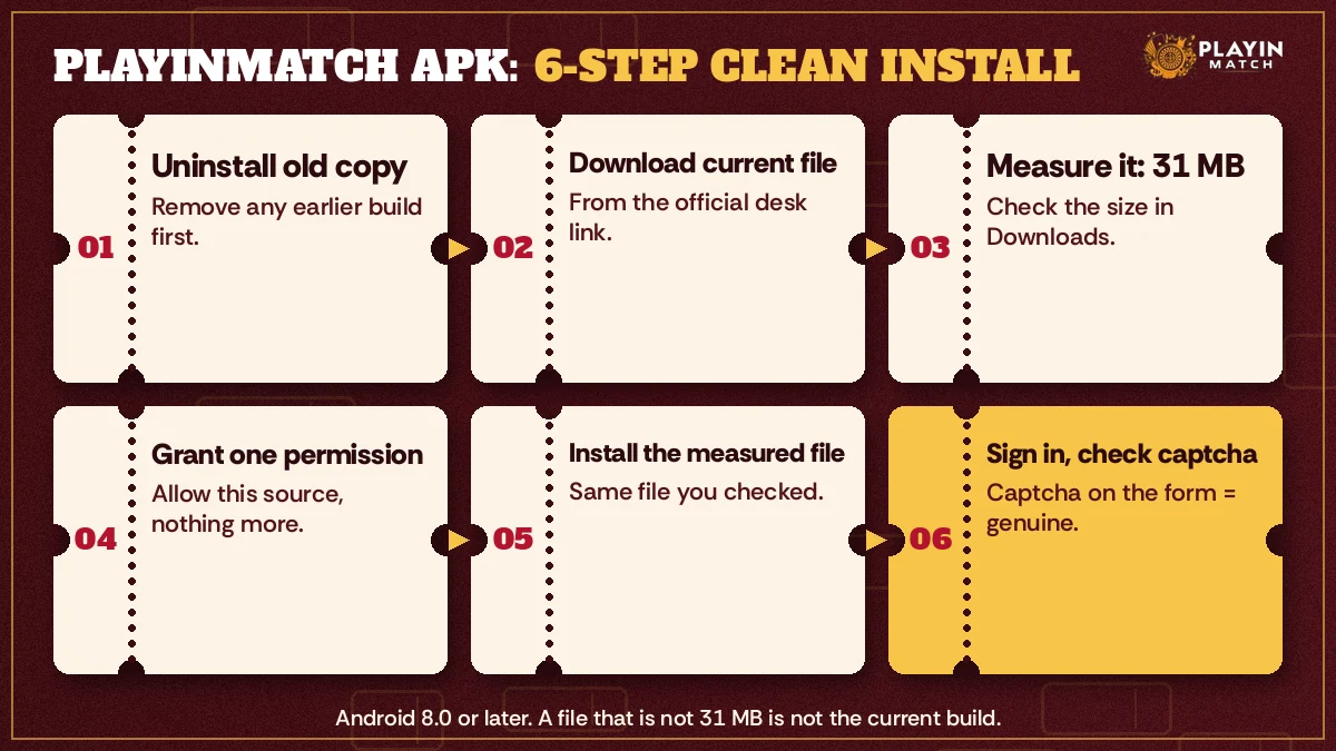 Six-stage PlayinMatch APK install order from uninstall to captcha sign-in