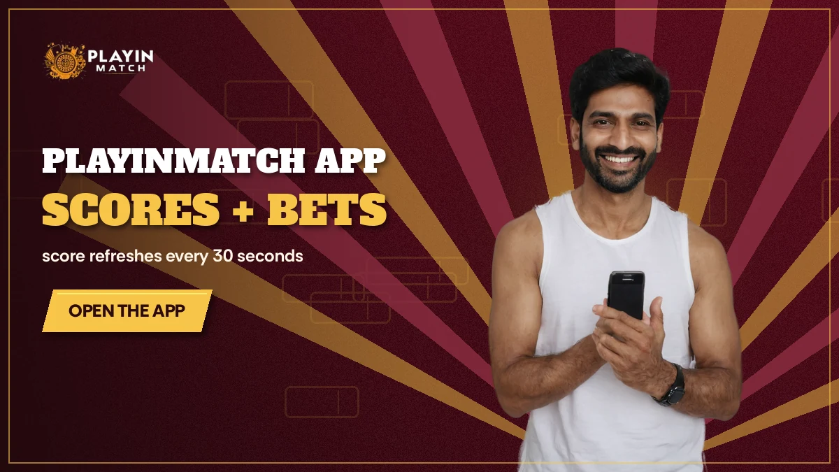Smiling man in a white top holding one phone in both hands beside the PlayinMatch app banner