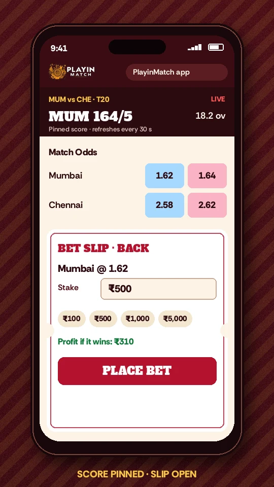 Phone screen with the PlayinMatch score strip pinned above an open bet slip