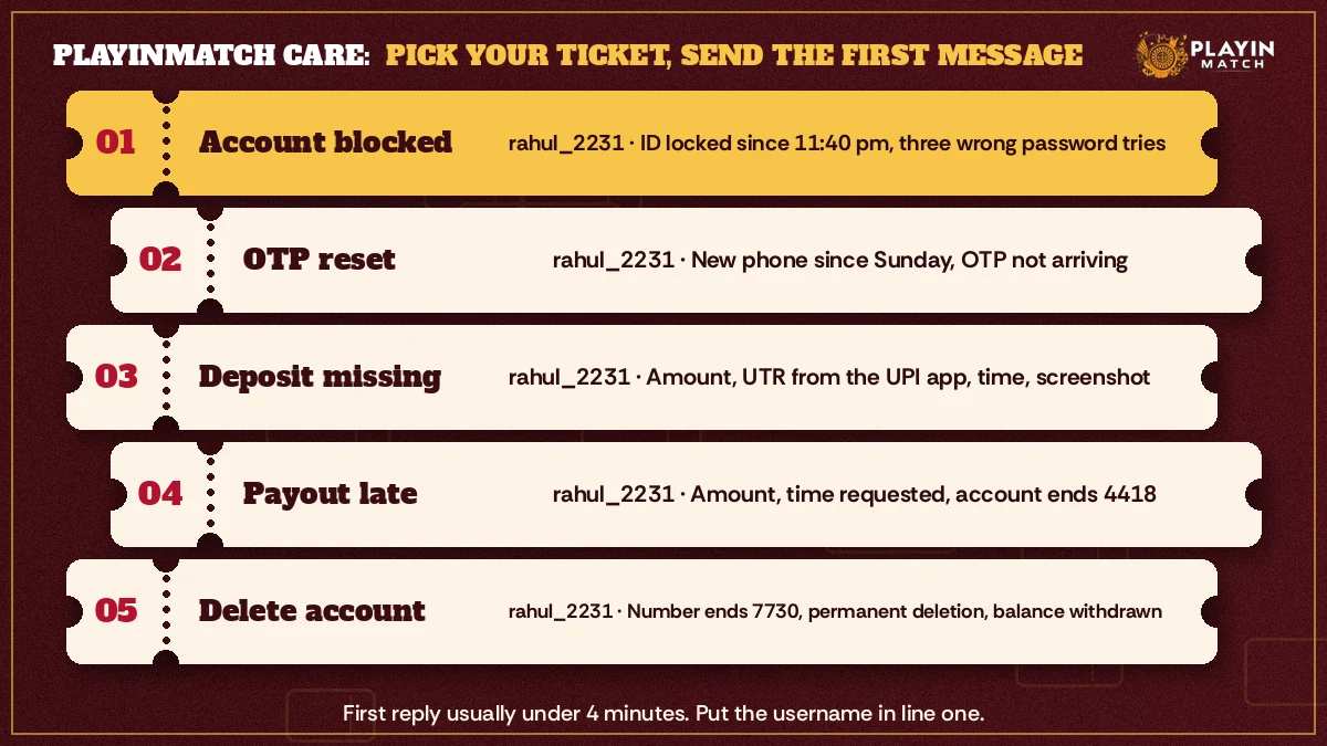 Five PlayinMatch help tickets sorted by problem on a support desk