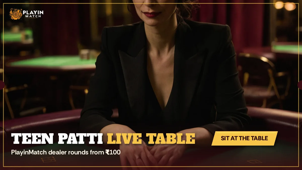 Croupier in a black blazer waiting with folded hands at a green PlayinMatch Teen Patti table
