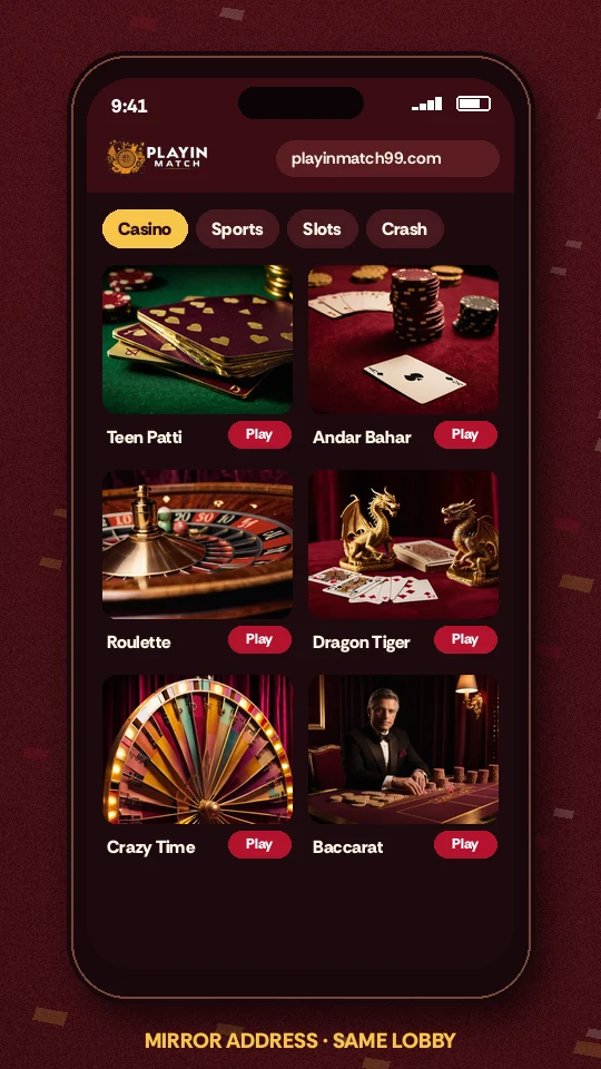 Portrait phone screen showing the PlayinMatch casino lobby opened on a mirror address
