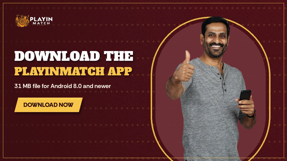 Smiling fan gives a thumbs-up while holding a phone with the PlayinMatch download on screen