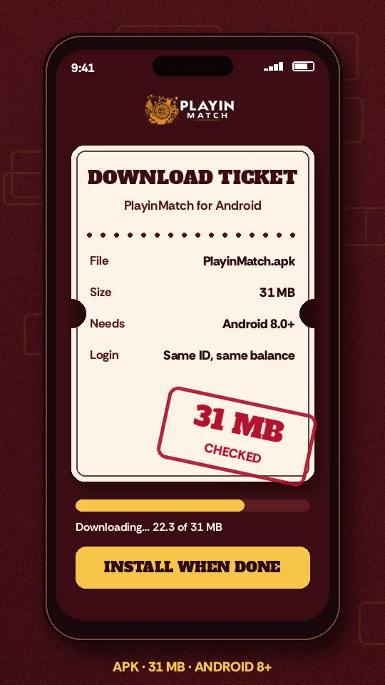 Phone screen showing a PlayinMatch download ticket stamped with the 31 MB file size