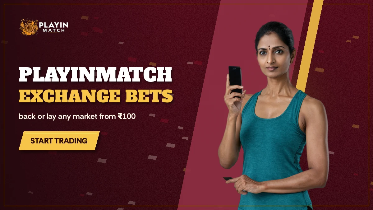 Female cricketer holding one smartphone explains PlayinMatch back and lay tickets on a ticket plate