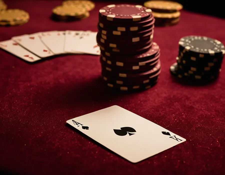 Chip stacks and an open card on maroon felt ready for an Andar Bahar deal
