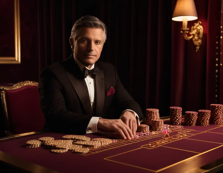 Tuxedo dealer waiting to open a baccarat hand under a wall lamp
