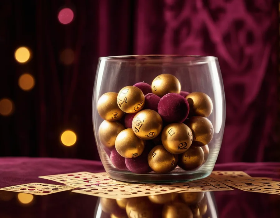 Glass bowl of gold and maroon balls above spread cards for a bingo draw
