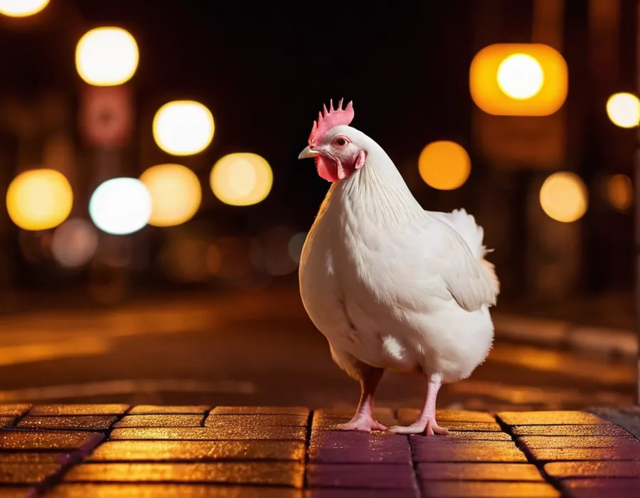 White hen standing on a lit brick street for the Chicken Road crash game