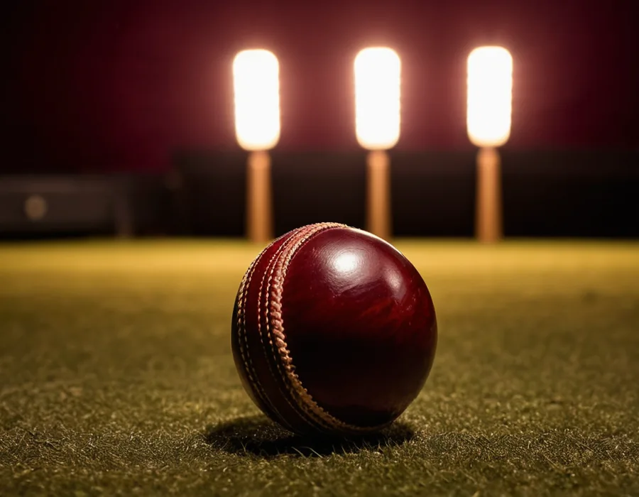 Red cricket ball on floodlit grass for PlayinMatch cricket markets