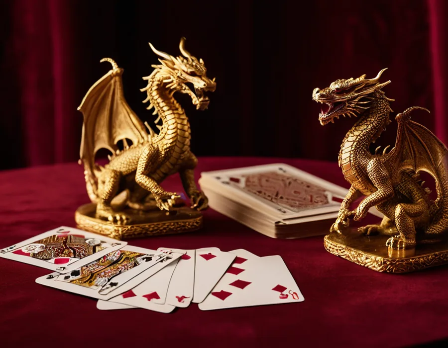 Two gold dragon statues facing off over fanned cards for Dragon Tiger