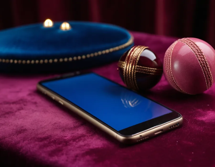 Glowing phone screen next to red and pink balls on the PlayinMatch exchange card