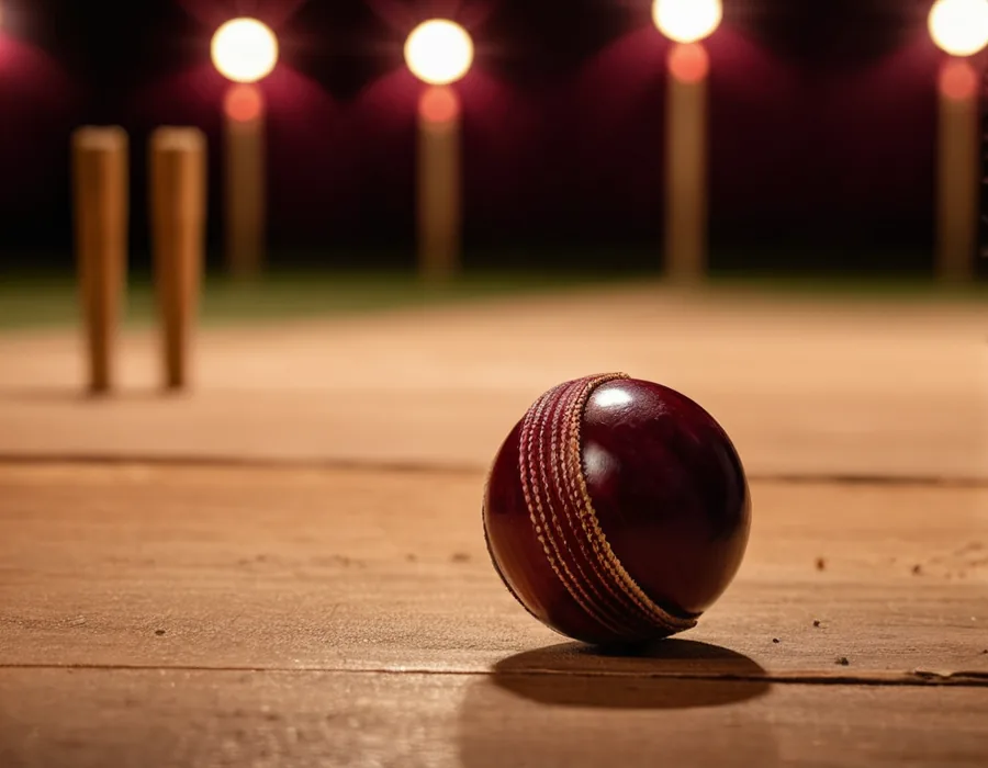 Cricket ball on a wooden pitch in front of the stumps for fancy session markets
