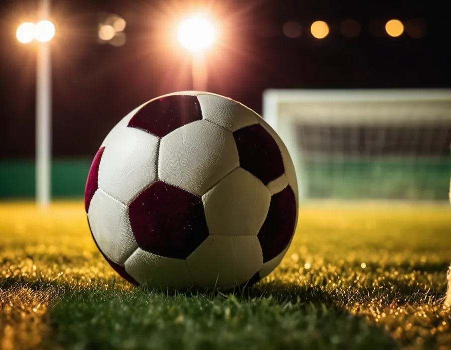 Maroon and white football on floodlit turf in front of the goal