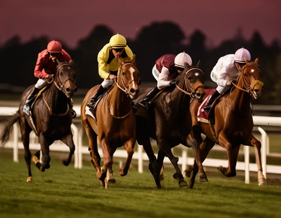 Four jockeys galloping along the rail at a dusk horse race