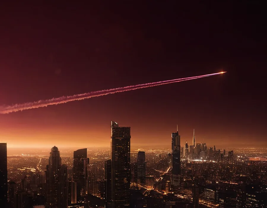 Jet trail streaking across a dusk city skyline for the JetX crash game