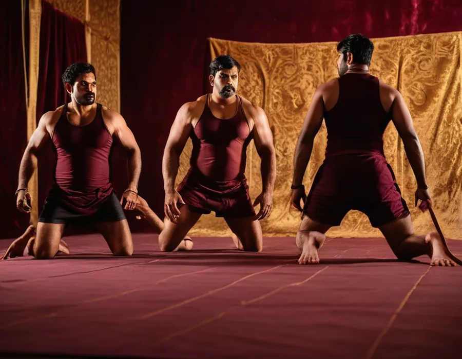 Three kabaddi players crouched on the mat ready for a raid