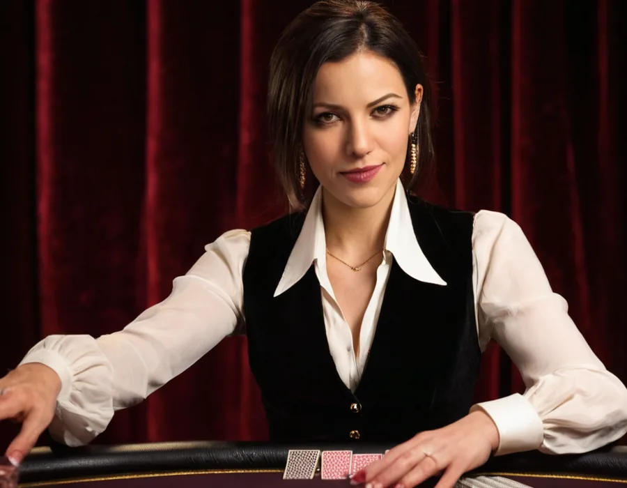 Croupier dealing at a PlayinMatch live casino table under warm lights