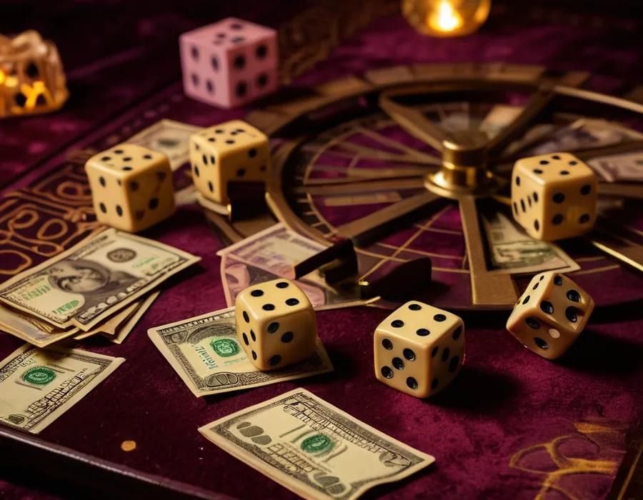 Dice and banknotes scattered across a property-board game show wheel