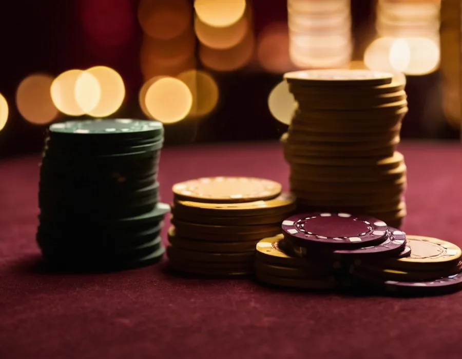 Chip towers in green, gold and maroon lit for a poker session