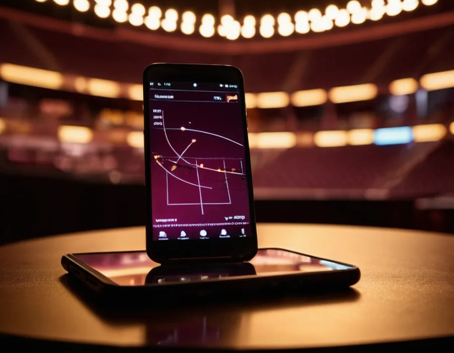 Phone showing a price chart under stadium lights on the PlayinMatch sportsbook card