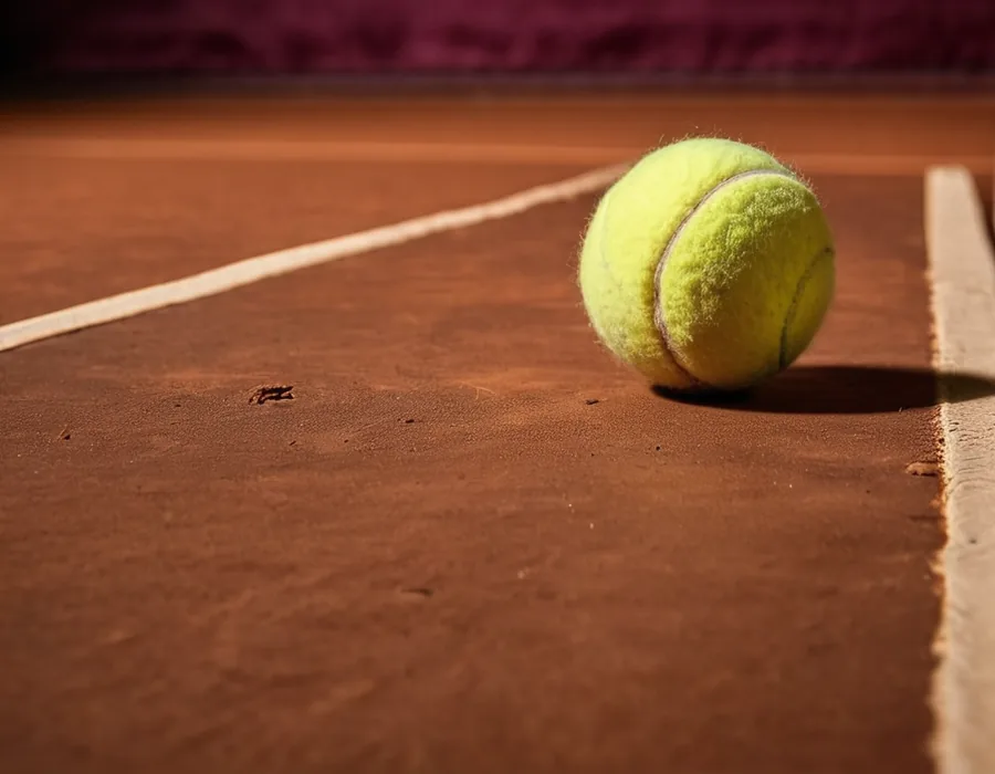 Tennis ball resting beside the white line on a clay court