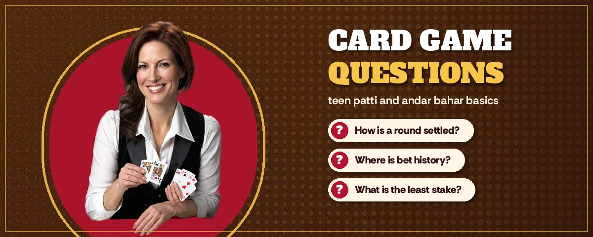Card dealer fanning a hand of cards next to PlayinMatch teen patti and andar bahar questions
