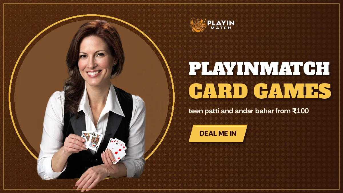 Smiling dealer fans a deck of cards across a maroon ticket plate to welcome players