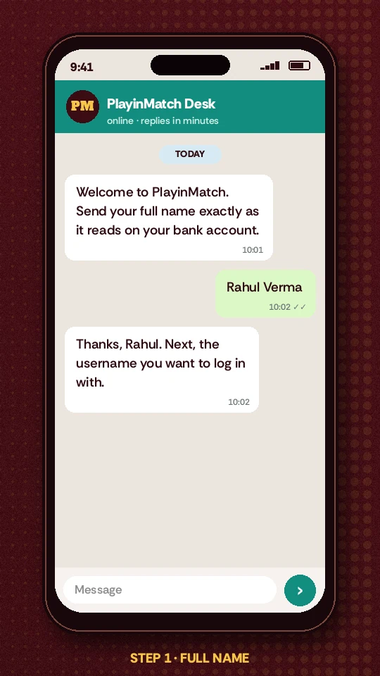 Phone chat screen where a new user sends a full name to the PlayinMatch desk