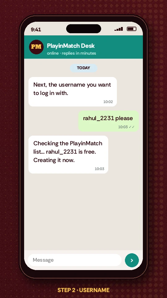 Second chat message proposing a username for a new PlayinMatch account