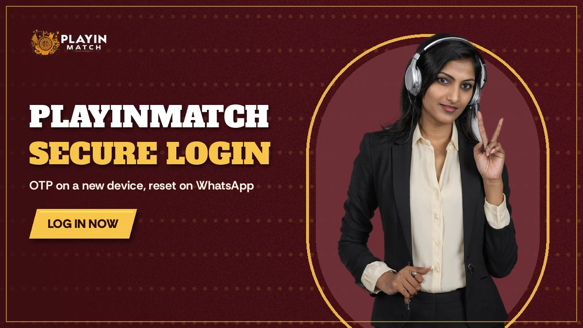 Casino hostess with a headset pointing toward PlayinMatch sign-in help on a ticket plate