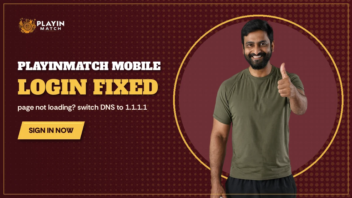Man in an olive top with one smartphone giving a relieved thumbs up once the PlayinMatch sign-in loads