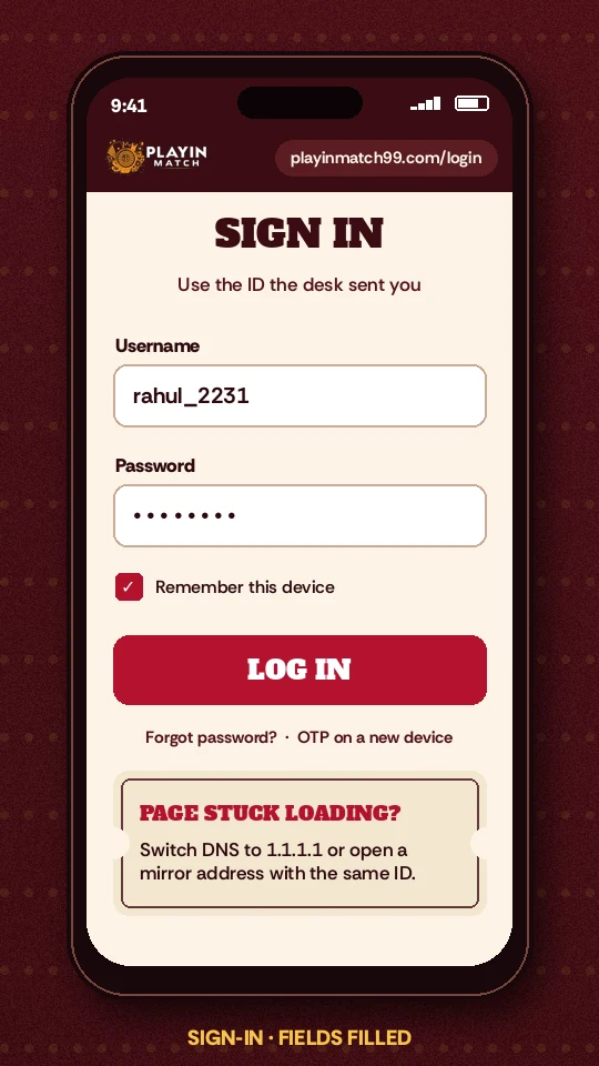 Phone frame showing the PlayinMatch sign-in form with the username and password boxes filled in