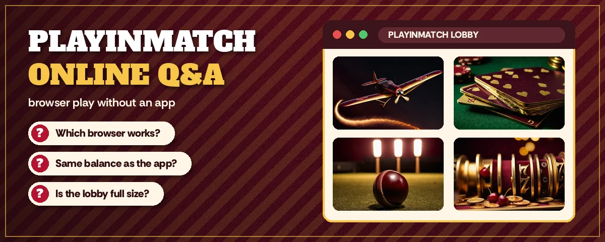 Browser window showing the PlayinMatch lobby beside a short list of player questions