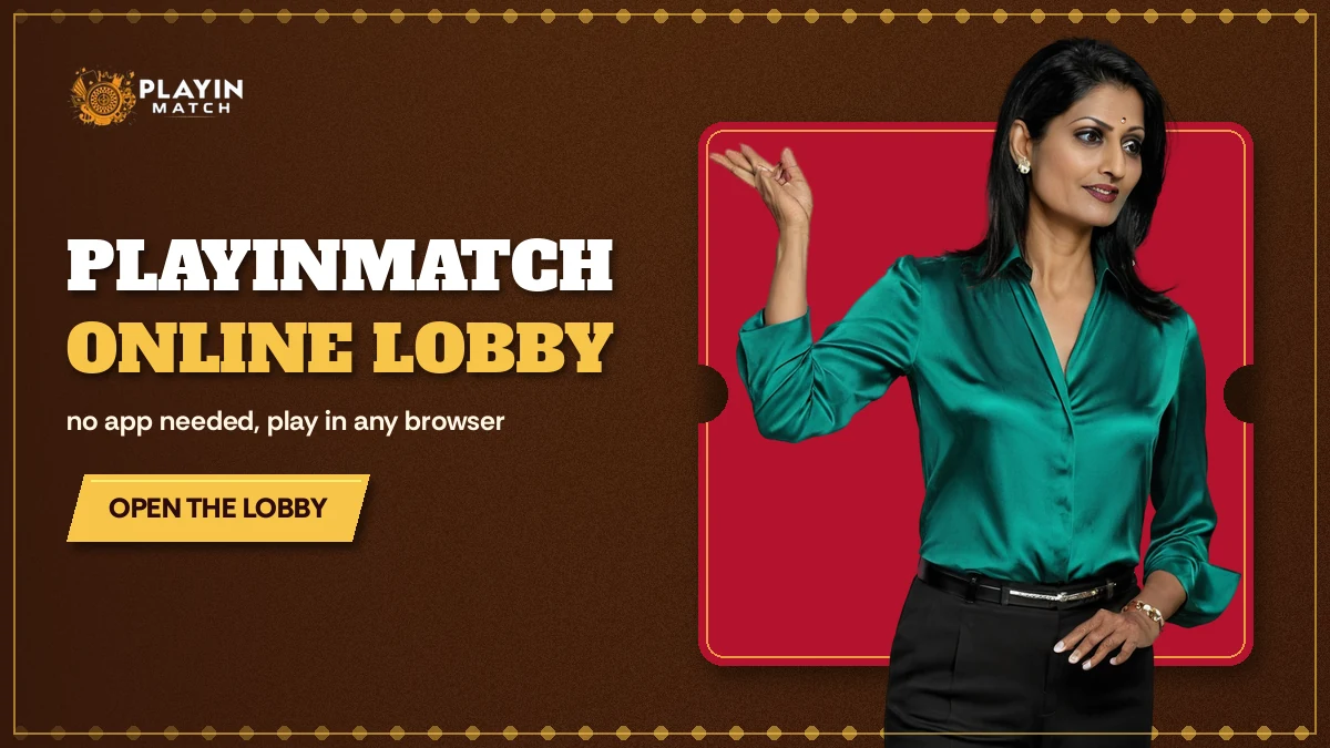 Casino hostess beside an open laptop explaining the PlayinMatch browser lobby on a maroon ticket plate