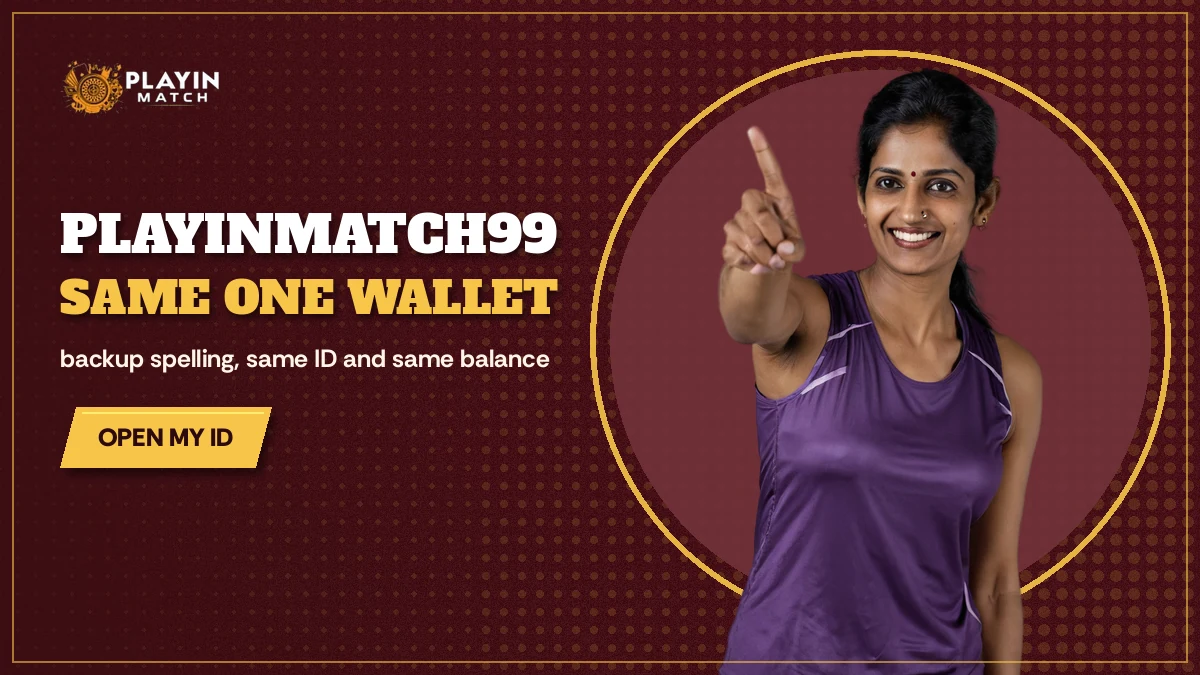 Female cricketer points at the PlayinMatch99 headline on a ticket-shaped plate
