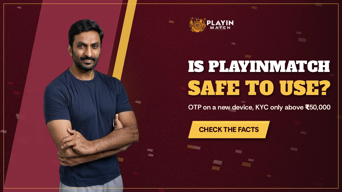 Confident cricketer with folded arms giving a thumbs-up on the PlayinMatch safety ticket banner