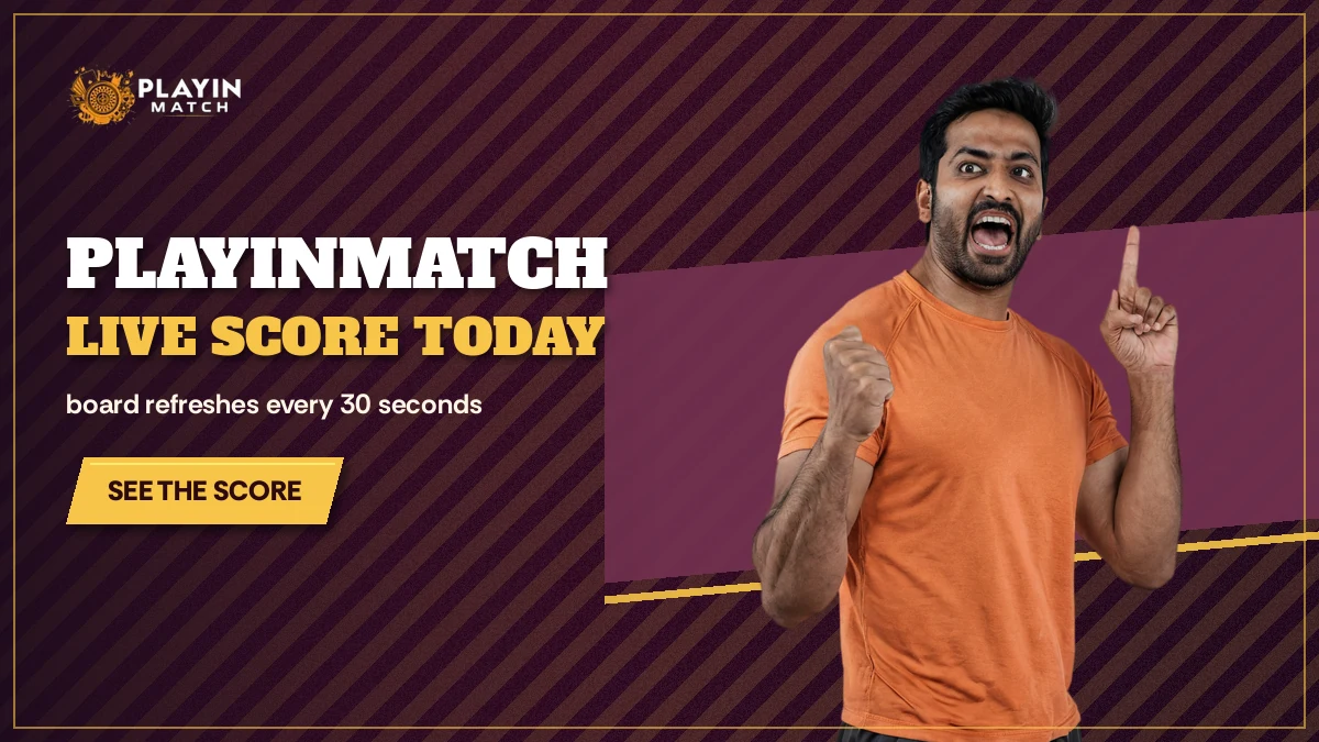 Excited cricket fan holding one smartphone with the PlayinMatch score open on a maroon ticket plate