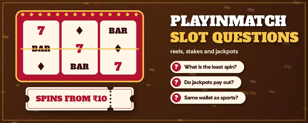 Row of slot reels above a ticket stub reading PlayinMatch slot questions