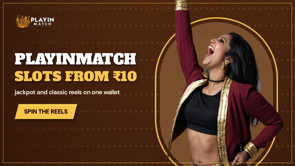 Cheerleader in a crimson and gold jacket laughing with one arm raised on the PlayinMatch slots banner