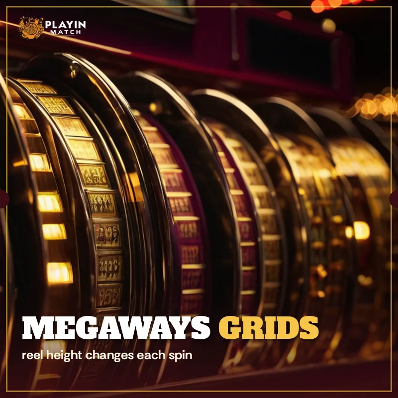 Close angled row of golden slot reels used to explain how Megaways grids change height