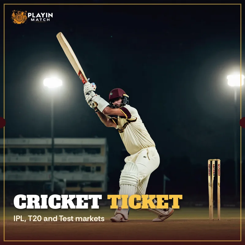 Batter mid-drive under floodlights, pinned as a PlayinMatch cricket ticket
