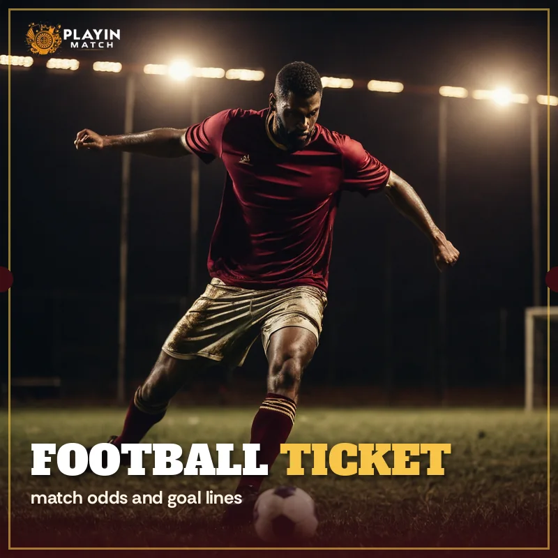 Football striker shooting at goal, shown as a PlayinMatch football ticket