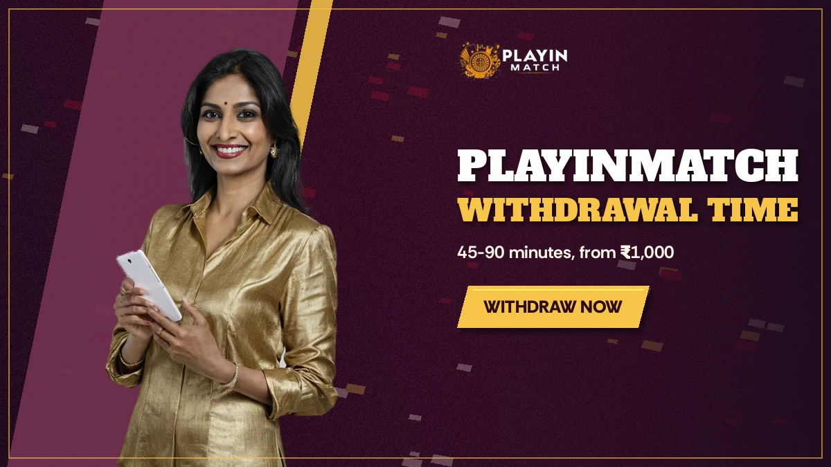 Casino hostess holding one smartphone that shows a PlayinMatch payout headline
